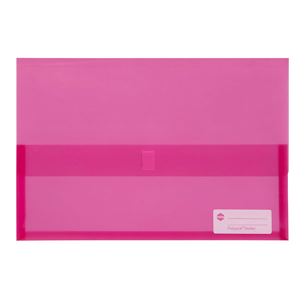 Translucent pink Marbig Wallet for organized document storage, featuring a 25mm gusset and write-on identification panel.