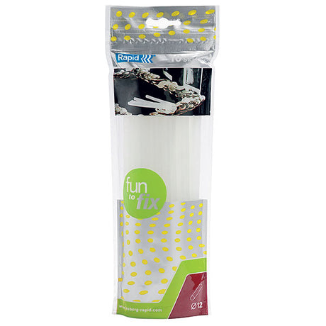 Pack of 10 Rapid Glue Gun Sticks, 12mm diameter, ideal for quick fixes on various materials like wood and fabric.
