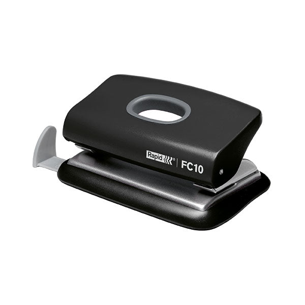 Compact black hole punch capable of punching 10 sheets, designed for efficient paper management in home or school.