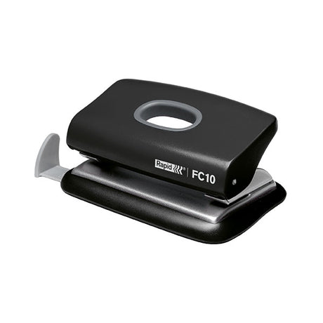 Compact black hole punch capable of punching 10 sheets, designed for efficient paper management in home or school.