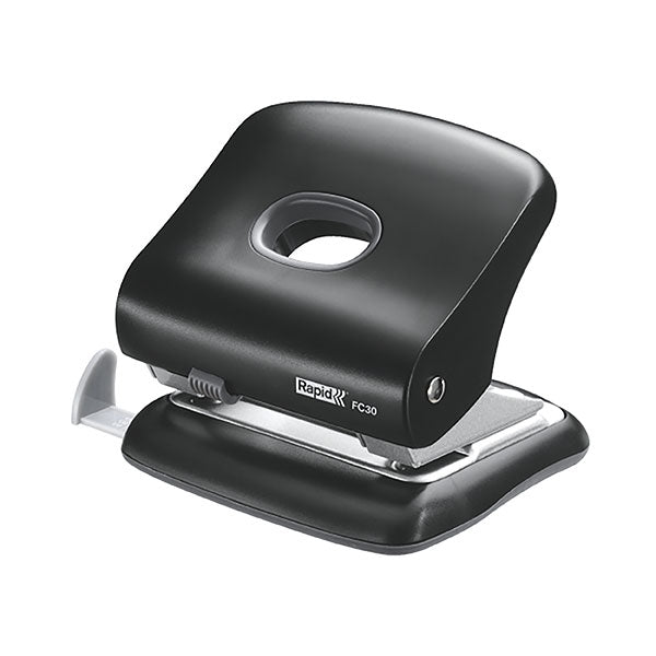 Heavy-duty Rapid Punch FC30, black, with ergonomic handle, punches up to 30 sheets, features confetti shutter and adjustable guide.