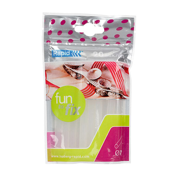 Clear 7mm glue sticks for crafting and repairs, compatible with various surfaces, packed in a 100g bag.