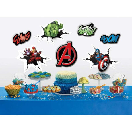 Marvel Avengers wall decor kit featuring 3D cutouts of Iron Man, Captain America, Black Widow, and Thor for kids' rooms.