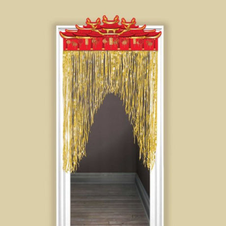 Vibrant hot-stamped Chinese New Year door curtain featuring traditional motifs, 99cm x 139cm, perfect for festive decor.
