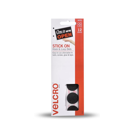 Black VELCRO® Handydots fasteners, 22mm, set of 12, ideal for easy mounting and organizing without wall damage.