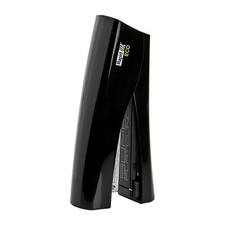 Eco-friendly black stand-up stapler made from recycled plastic, staples up to 25 sheets with SuperFlatClinch technology.