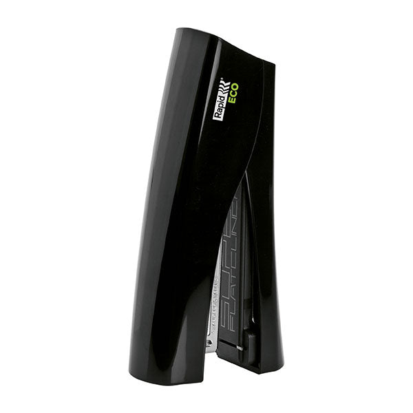Eco-friendly black stand-up stapler made from recycled plastic, staples up to 25 sheets with SuperFlatClinch technology.
