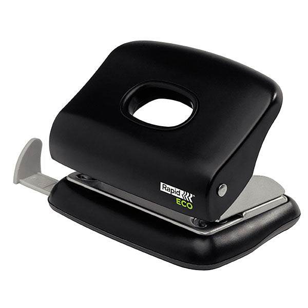 Eco-friendly Rapid Punch in black, made from 100% recycled plastic, punches up to 20 sheets, features confetti holder.