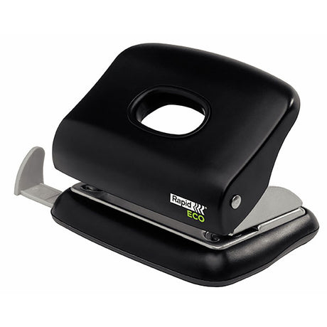 Eco-friendly Rapid Punch in black, made from 100% recycled plastic, punches up to 20 sheets, features confetti holder.