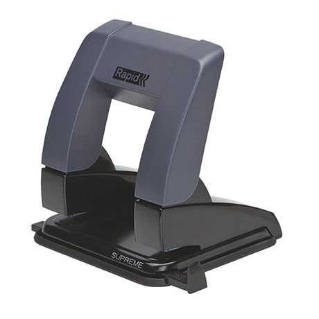 Compact black hole punch with ergonomic handle, capable of punching 20 sheets, featuring Press Less technology for ease of use.