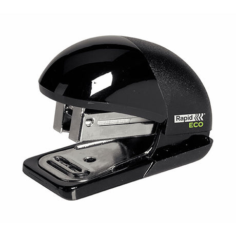 Eco-friendly mini stapler in black, made from 100% recycled plastic, staples up to 10 sheets with top-loading refill.