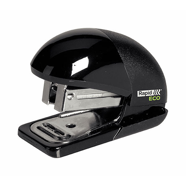 Eco-friendly mini stapler in black, made from 100% recycled plastic, staples up to 10 sheets with top-loading refill.