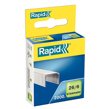 Box of 2000 Rapid 26/6mm staples, designed for reliable performance and comfort in stapling up to 20 sheets.