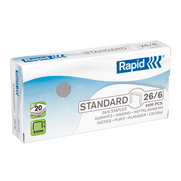 High-quality Rapid 26/6mm staples in box of 5000, ideal for smooth stapling up to 20 sheets, perfect for office and home use.