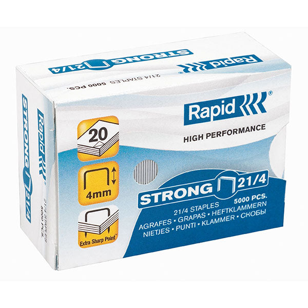 Box of 5000 Rapid 21/4mm staples, made from durable galvanized wire, for effortless stapling of up to 15 sheets.