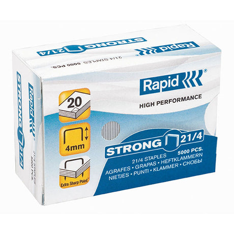 Box of 5000 Rapid 21/4mm staples, made from durable galvanized wire, for effortless stapling of up to 15 sheets.