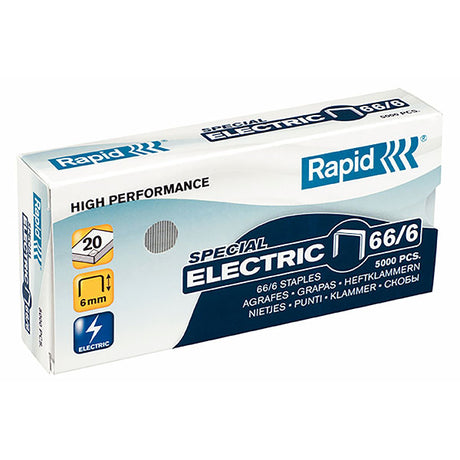 Heavy-duty Rapid Staples 66/6mm in box of 5000, ideal for stapling up to 20 sheets with sharp edges for easy penetration.