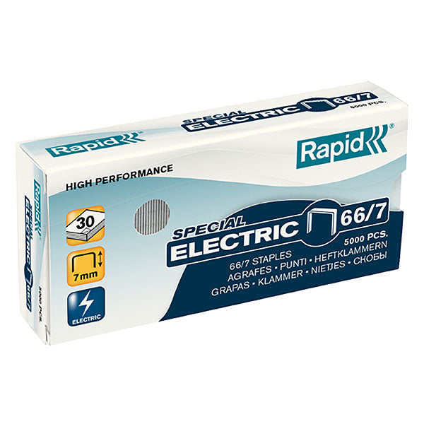 Box of 5000 Rapid Staples 66/7mm, designed for electric staplers, strong and durable for up to 30 sheets.
