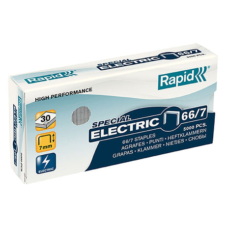 Box of 5000 Rapid Staples 66/7mm, designed for electric staplers, strong and durable for up to 30 sheets.
