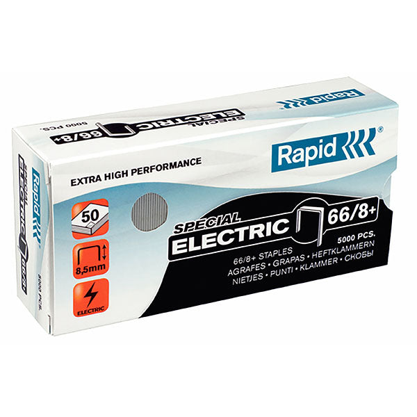 Heavy-duty Rapid Staples 66/8mm+ in a box of 5000, designed for electric staplers with sharp edges for precise fastening.