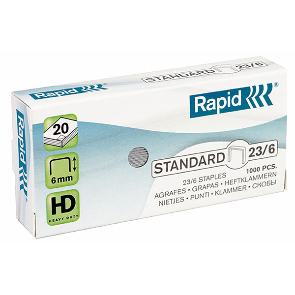 Box of 1,000 Rapid Staples 23/6mm, strong and reliable for stapling up to 20 sheets with sharp edges for clean results.
