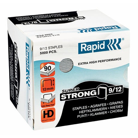 Heavy-duty 12mm rapid staples in a box of 5000, designed for penetrating up to 90 sheets with sharp edges.