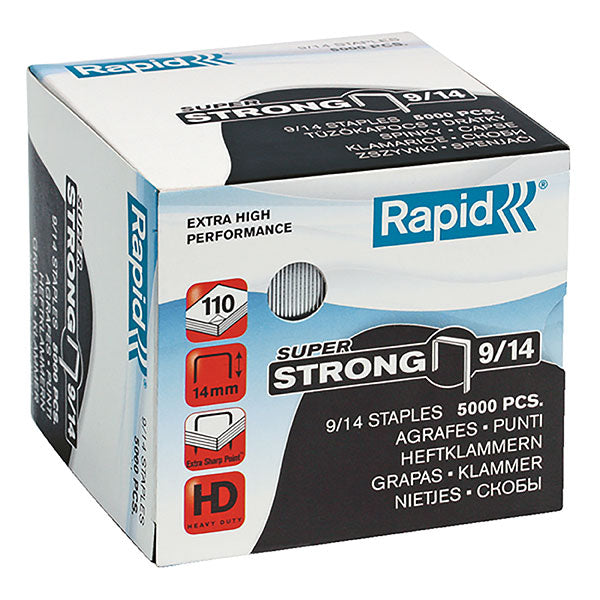 Rapid Staples 9/14mm Bx5000: Heavy-duty staples with sharp edges for precise stapling up to 110 sheets, 5000 per box.