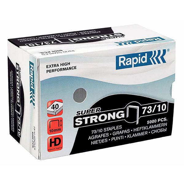 Box of Rapid Staples 73/10mm Bx5000, designed for heavy-duty stapling with sharp edges and high capacity for document fastening.