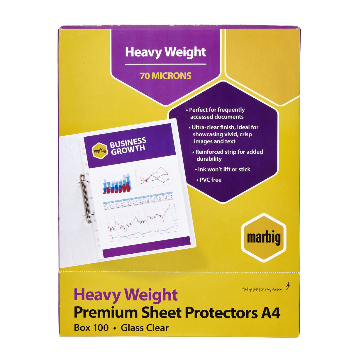 Marbig Heavyweight A4 sheet protectors 100pk, tear-resistant and ultra-clear, ideal for preserving documents in binders.