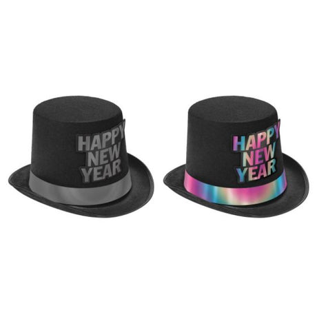 Reflective top hat with elegant ribbon, perfect for New Year's celebrations and festive photo ops.
