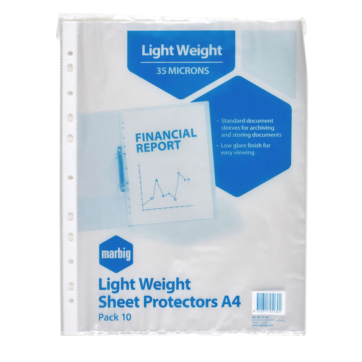 Marbig Lightweight A4 Sheet Protectors, ideal for document storage with copysafe pockets and reinforced binding edge.
