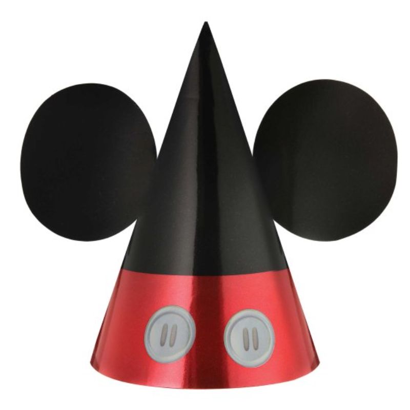 Mickey Mouse cone party hats in a pack of 8, perfect for birthday celebrations, measuring 17cm and made of cardboard and foil.