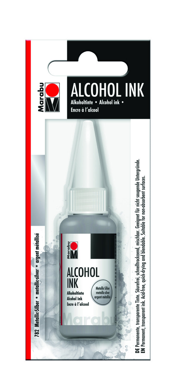 20ml bottle of MARABU Metallic Silver Alcohol Ink for fluid painting, offering a brilliant shimmer and versatile artistic effects.