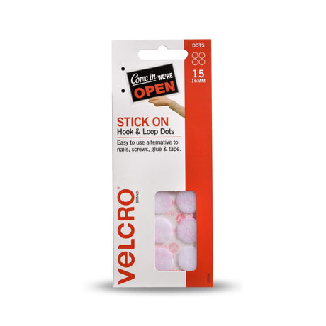 White VELCRO® Stick On Hook & Loop Fasteners 15 Dots for easy, no-mess mounting and organizing on smooth surfaces.