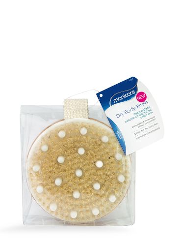 Manicare Dry Body Brush with natural bristles for exfoliating skin, reducing cellulite, and enhancing circulation.