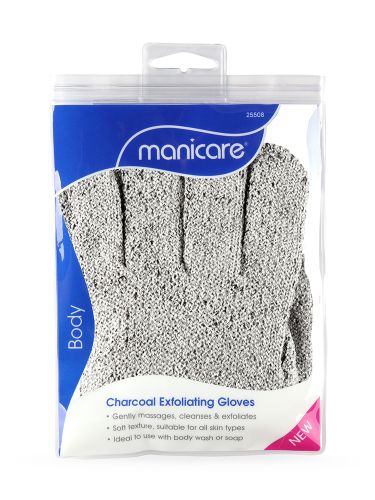 Manicare Charcoal Detox Exfoliating Gloves for deep cleansing, massage, and skin rejuvenation, suitable for all skin types.
