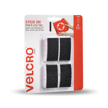 Black VELCRO® stick-on hook and loop fastener strips, 6x25x50mm, perfect for mounting and organizing items without nails.