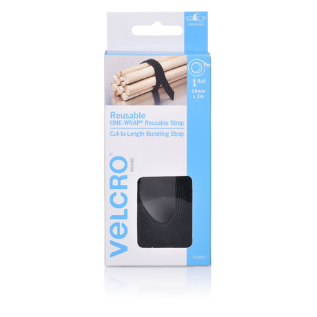 VELCRO® Brand Adjustable Wrap in black, 19mm x 3m, designed for organizing cables and securing items with durable interlocking fasteners.