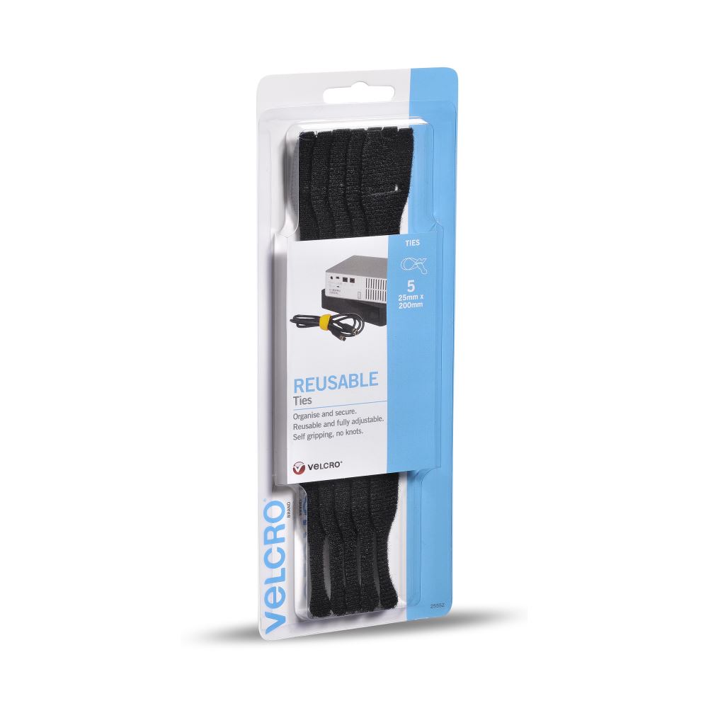 Flexible black Velcro reusable ties, 25x200mm, perfect for bundling, organizing, and securing items without hardware.