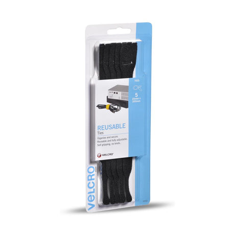 Flexible black Velcro reusable ties, 25x200mm, perfect for bundling, organizing, and securing items without hardware.