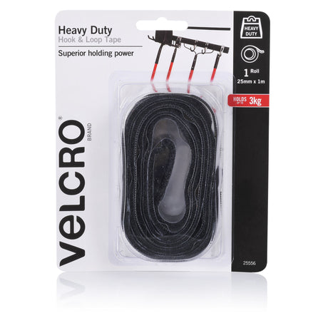 VELCRO® heavy duty fasteners tape, 25mmx1m, designed for securely holding heavier items indoors and outdoors.