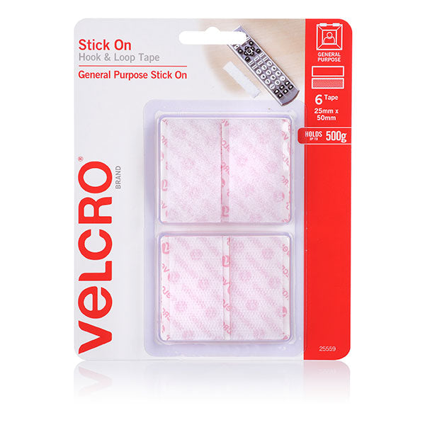 Pack of 5 white Velcro stick-on squares, 25x50mm, perfect for easy organization and displaying items without adhesives.