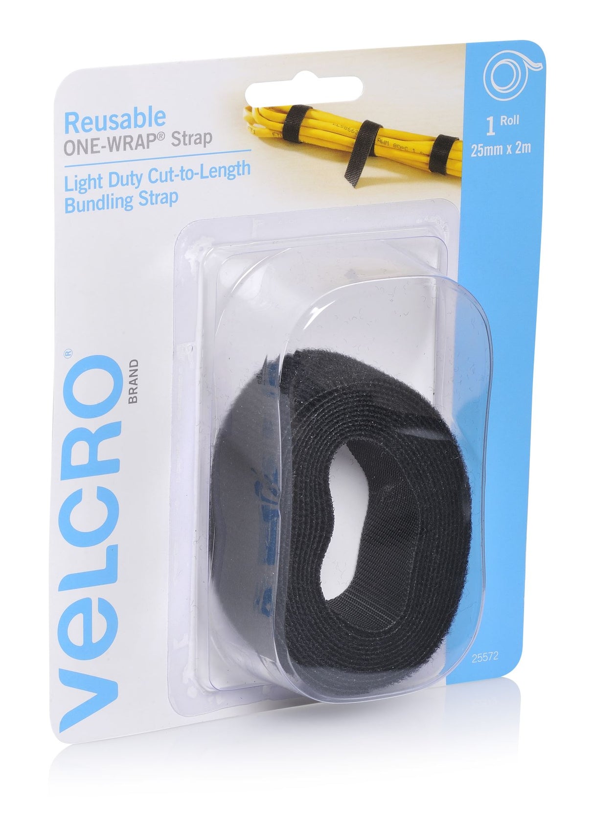 VELCRO® Adjustable Wrap in black, 25mm x 2m, perfect for versatile indoor/outdoor fastening and organizing projects.