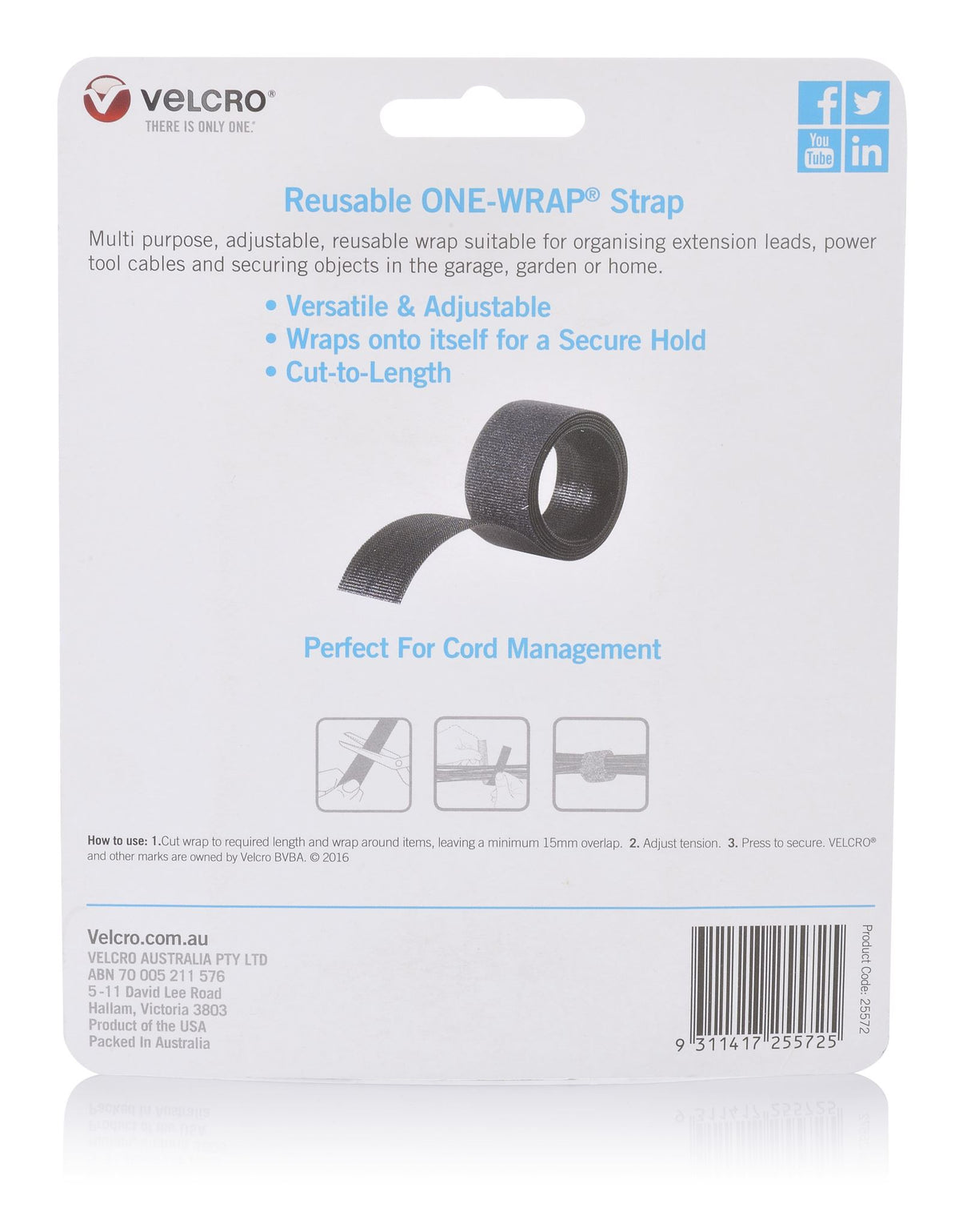 VELCRO® Adjustable Wrap Hook & Loop tape in black, 25mm x 2m, perfect for organizing and securing tools indoors and outdoors.
