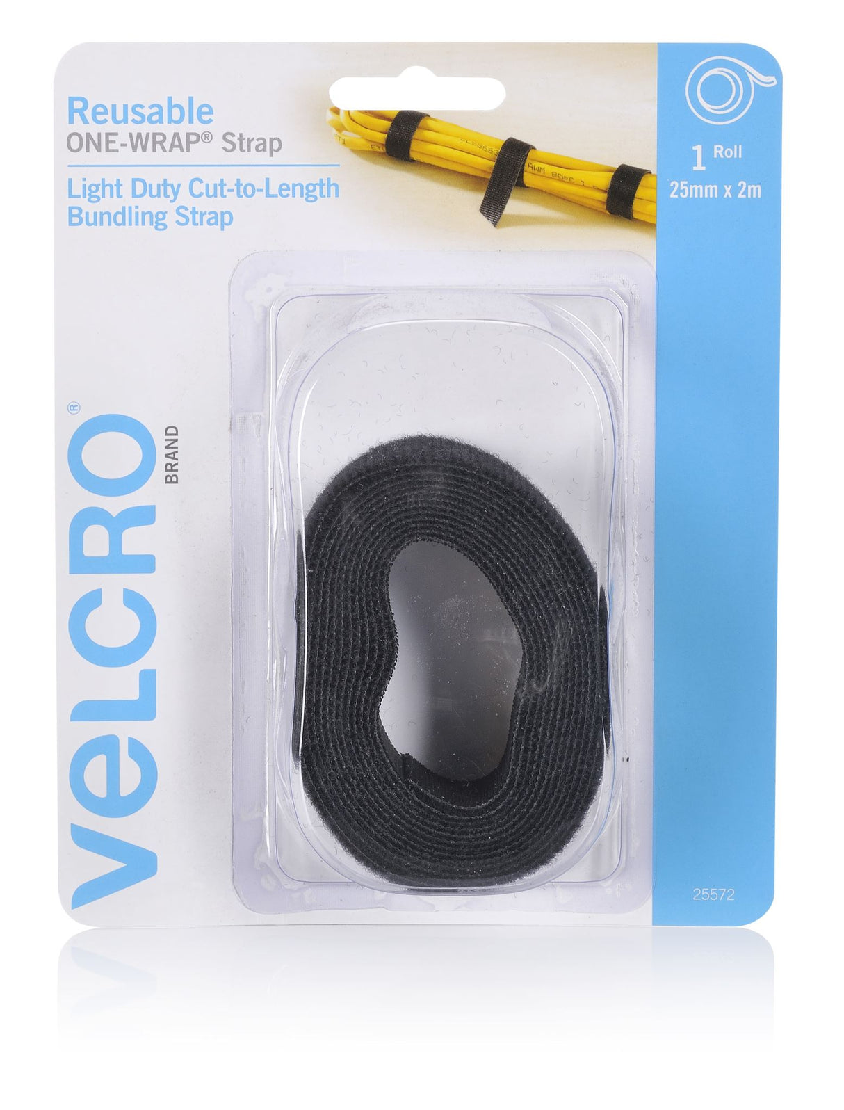 VELCRO® Adjustable Wrap Hook & Loop tape in black, 25mm x 2m, ideal for versatile fastening and organizing tasks.