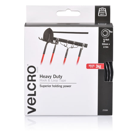 VELCRO® heavy-duty hook and loop tape, 50mm x 2.5m, ideal for securing heavier items with durability and weather resistance.