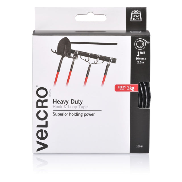 VELCRO® heavy-duty hook and loop tape, 50mm x 2.5m, ideal for securing heavier items with durability and weather resistance.