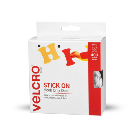 VELCRO® Brand Stick On Dots Hook in white, 400 pack for secure fastening, ideal for posters, cables, and creative displays.