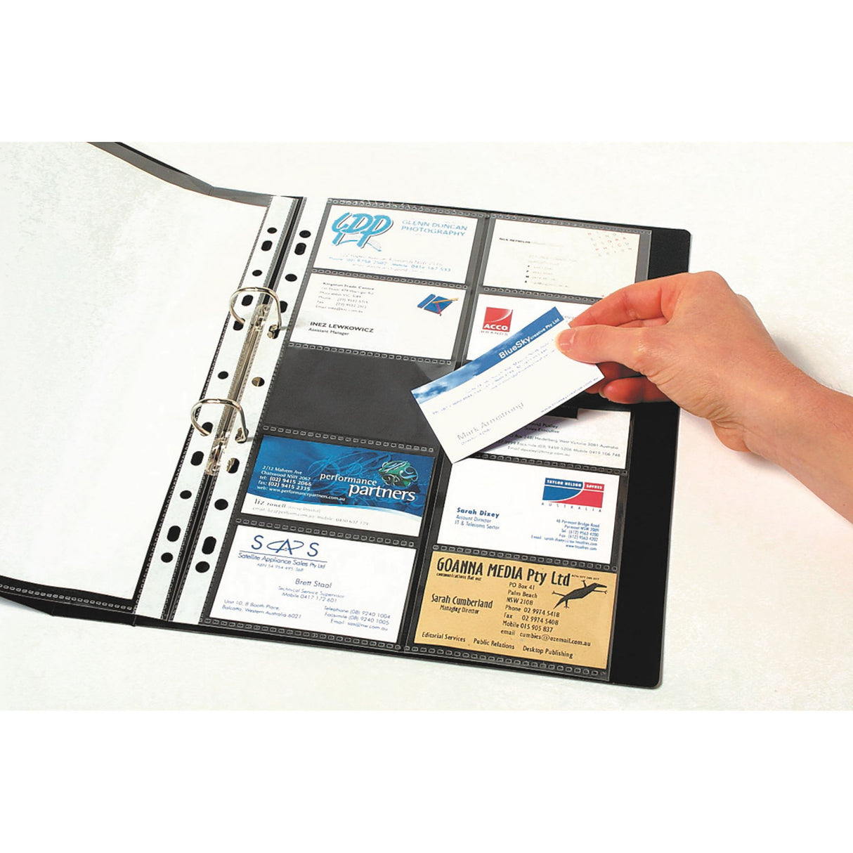 A pack of 10 Marbig A4 sheet protectors designed for securely storing and displaying up to 20 business cards each.