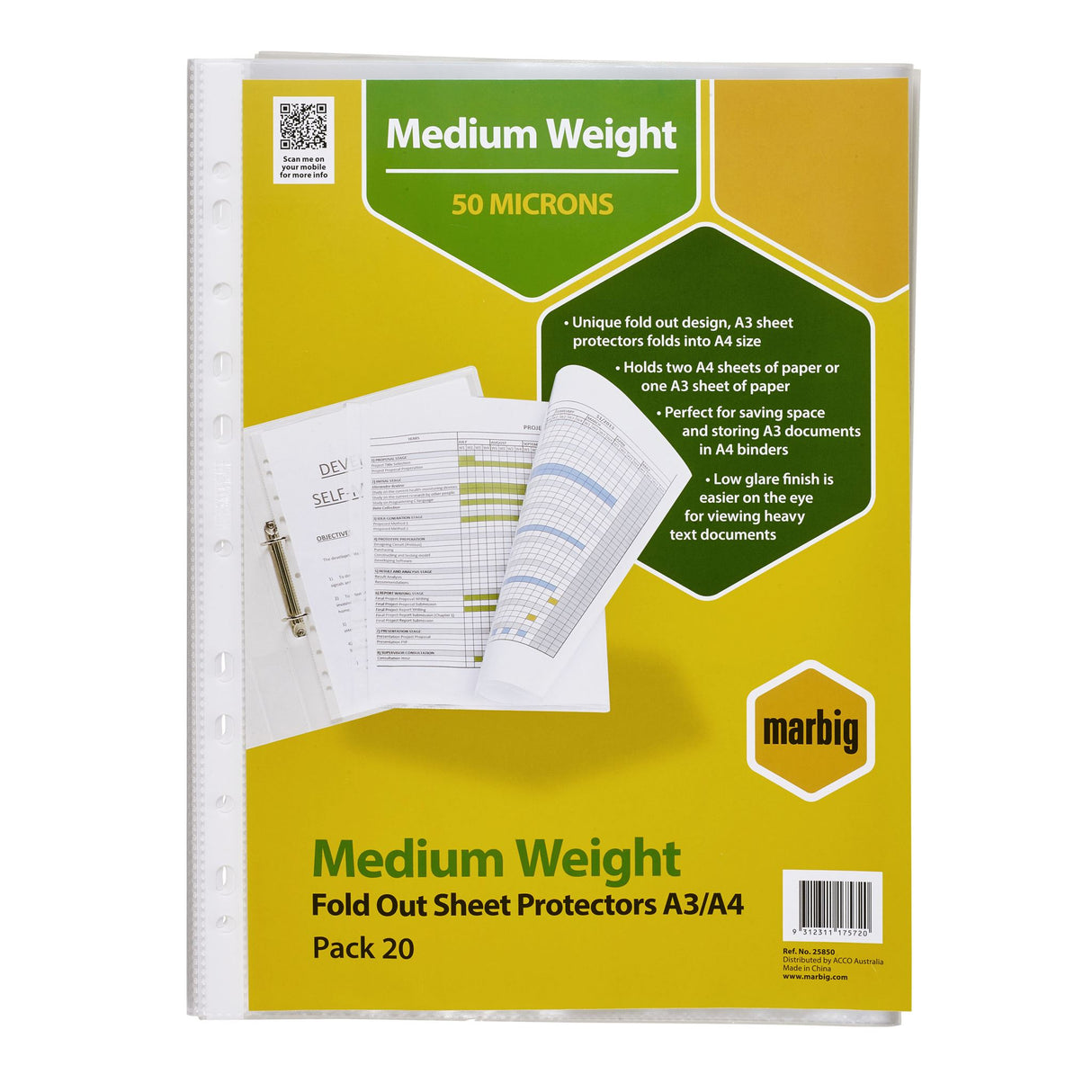 Marbig Fold-Out Sheet Protectors 20pk for A3 to A4 organization, durable with low glare for easy reading and document protection.